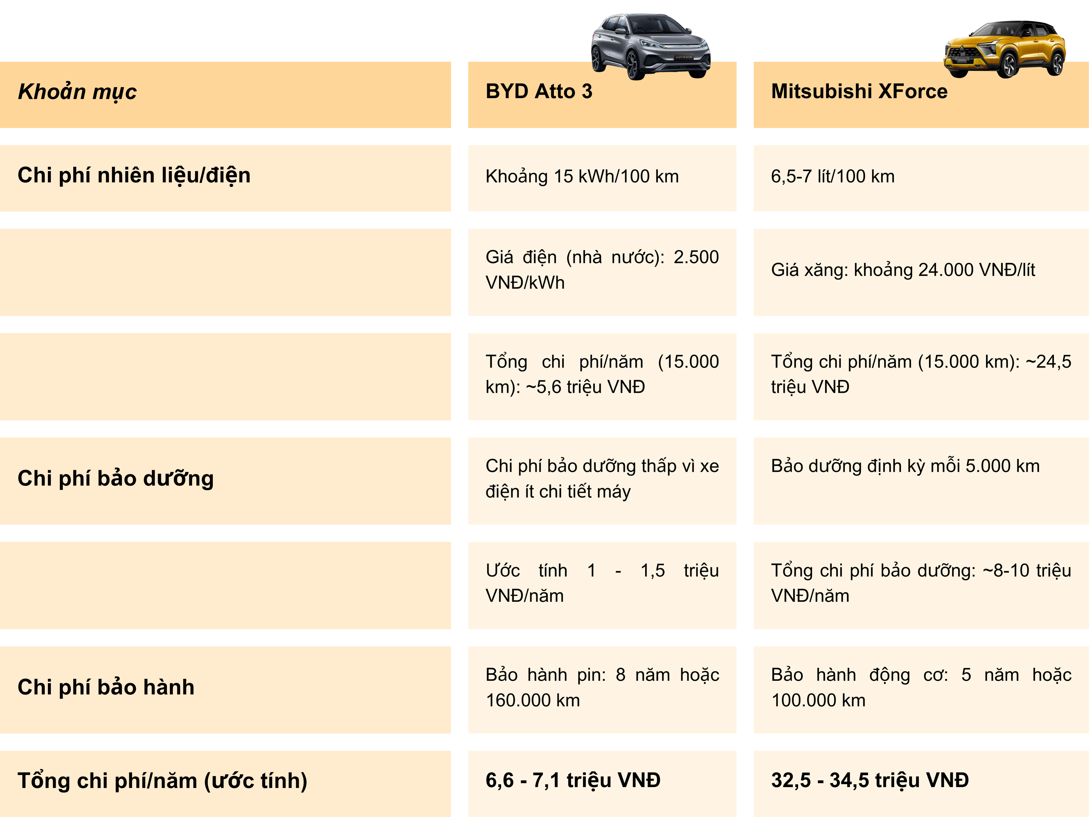 Chi phí sử dụng xe atto 3 với xforce ước tính trong 1 năm